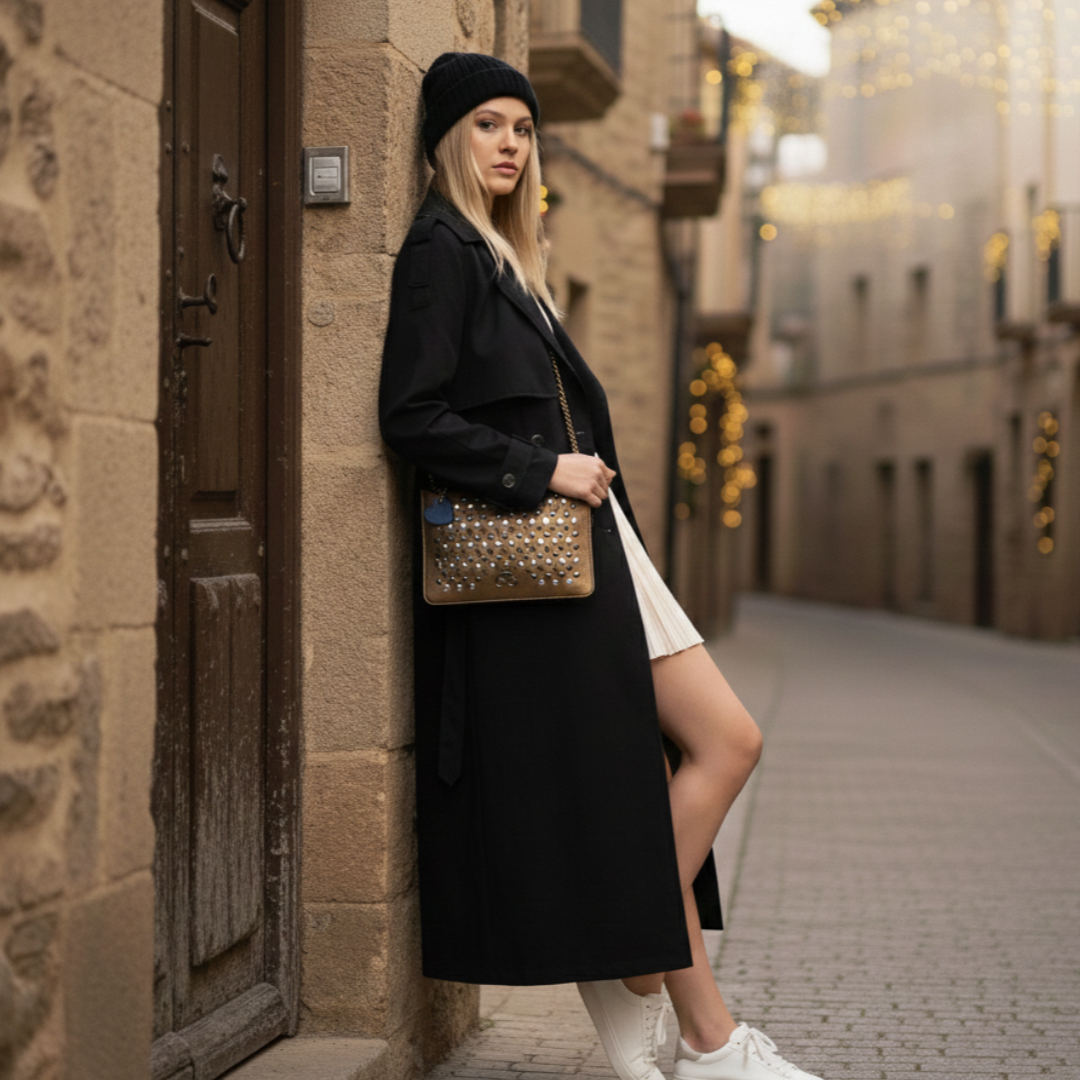 Clutch Ginebra - Bronce Oliva con tachas